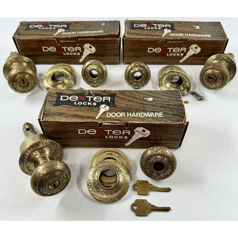 3 Vintage Dexter Door Handle Locks Dover Model 3442 Cylindrical Dexlock
